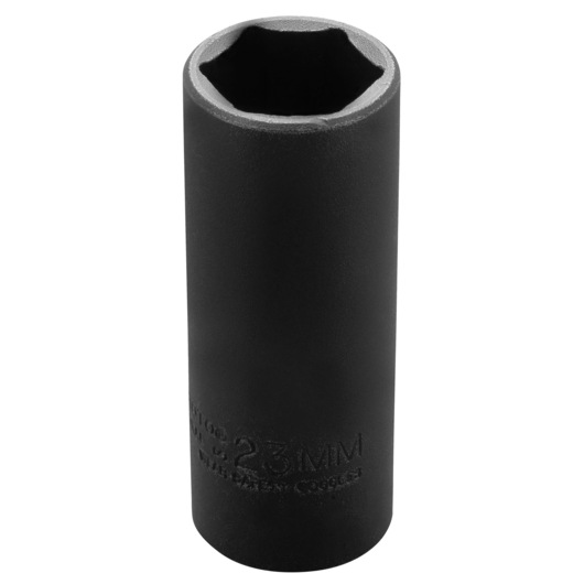 PROTO J7323MHT 23mm black impact socket, six-point design, photographed on white background.