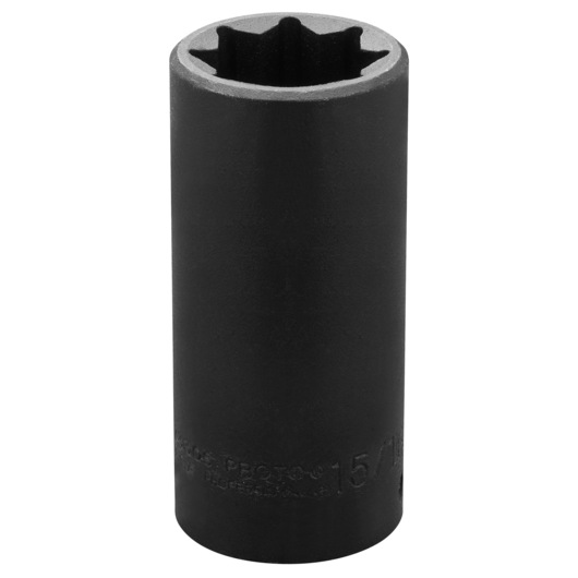 Photo of a PROTO J7330S black six-point deep impact socket standing upright on white background.