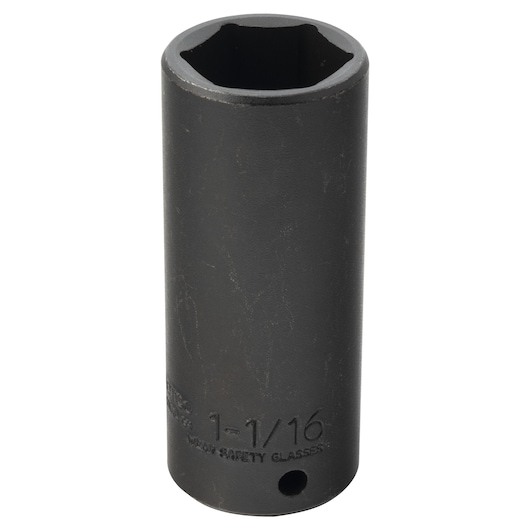 PROTO J7334HT black impact socket, 1-1/16 inch, cylindrical, white background front angle.