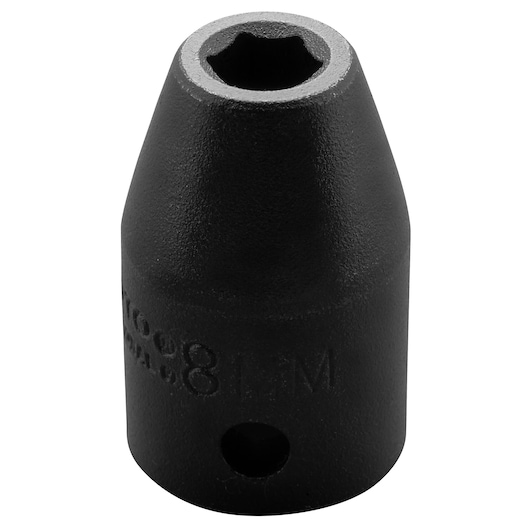 PROTO J7408M black impact socket, hexagonal interior, upright front angle on white background.