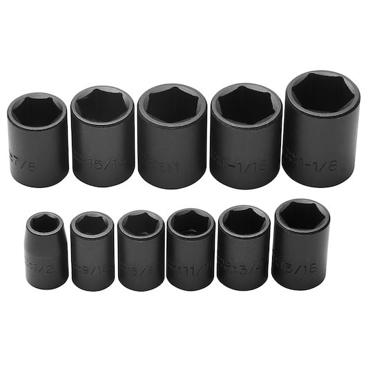 Photo of PROTO J74102 impact socket set, 12 black six-point sockets arranged in two rows, white background.
