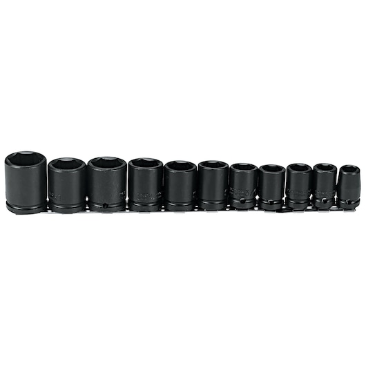 PROTO J74102 black socket set photography, eleven sockets lined up on a white background.