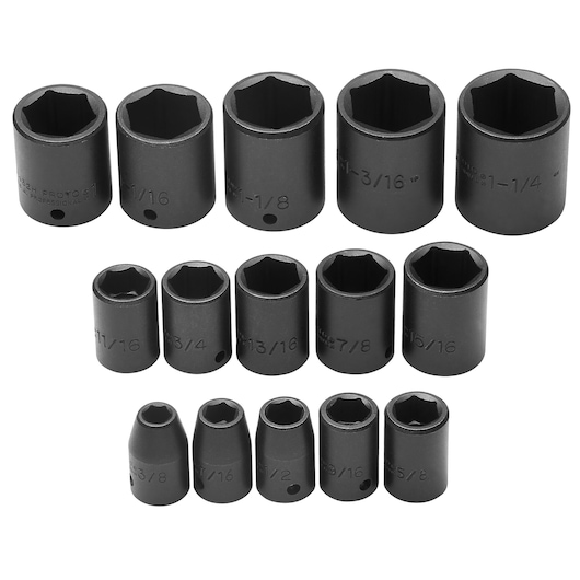 PROTO J74104 black socket set, 15-piece, photography, front angle, white background.