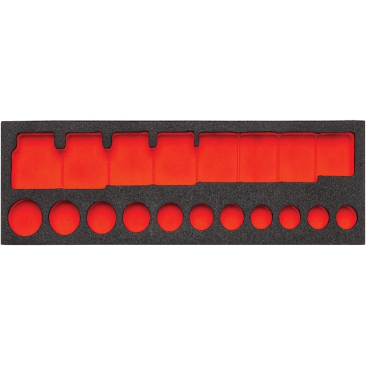 PROTO J74106F black and red foam tool organizer tray, top view, with slots for sockets and tools.