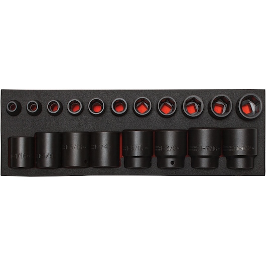 PROTO J74106K socket set with eleven black impact sockets in foam tray, photographed from above on white background.