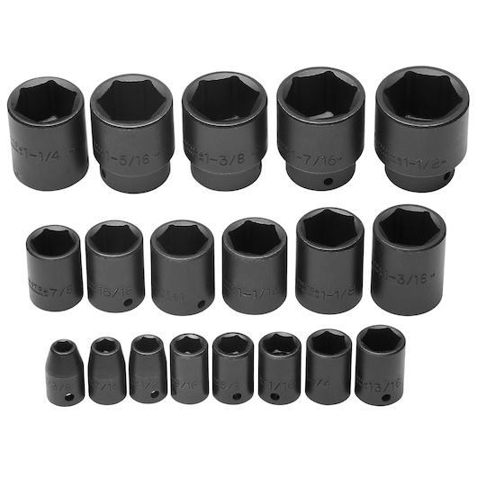PROTO J74106 black impact socket set, 19-piece, shown from above on white background.