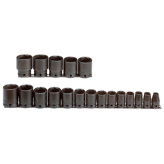 PROTO J74106 dark finish socket set on rack, two rows, white background, photography of hand tool set.