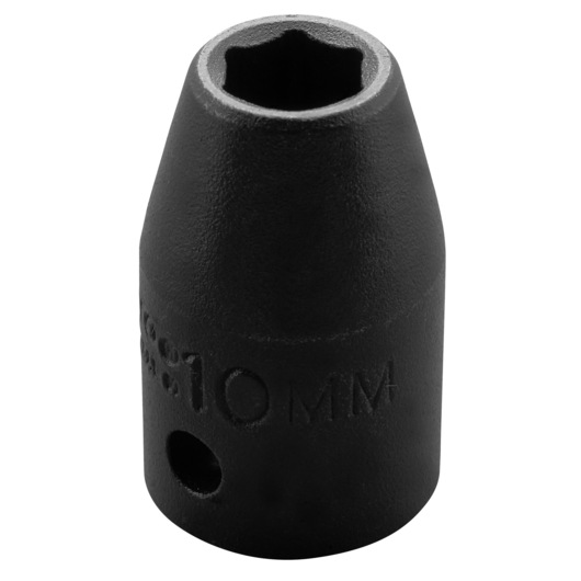 PROTO J7410M black 10mm impact socket, cylindrical shape, side engraving, front angle, white background.