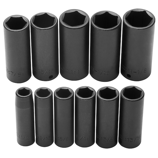 PROTO J74112 black 12-piece impact socket set, cylindrical design, metric and SAE sizes, front view on white background.