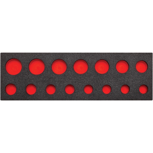 PROTO J74114F black and red foam socket organizer tray, top view, with multiple circular cutouts for tool storage.