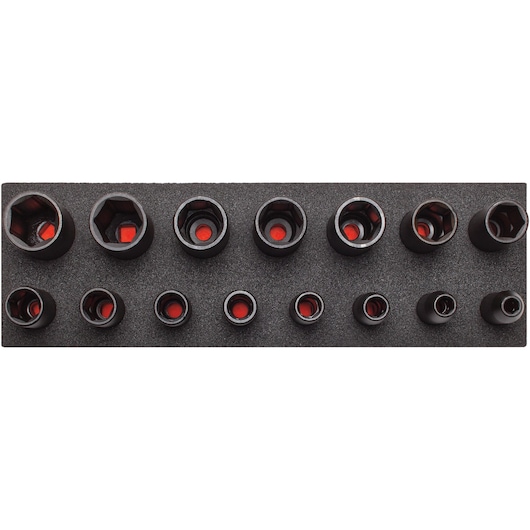 PROTO J74114K socket set with black finish, arranged in foam tray, top-down angle.