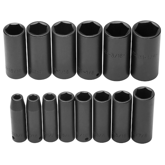 PROTO J74114 deep impact socket set, black steel, 14-piece, front angle, on white background