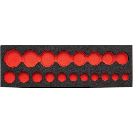 PROTO J74116F black and red foam tool organizer insert, top view, rectangular with multiple circular cutouts.