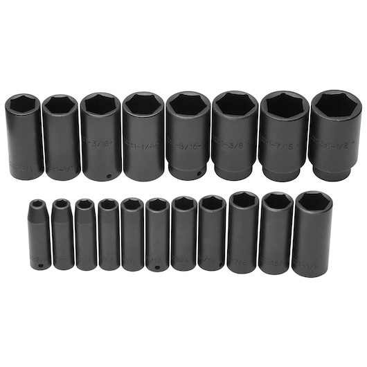 PROTO J74116 deep impact socket set, black steel, product photography, front angle, white background.