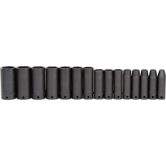 PROTO J74117 deep impact socket set, 15 black sockets, straight-on view on white background.