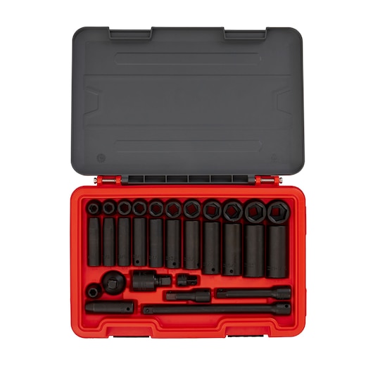 PROTO J74130IM socket and accessory set in black and red hard case, top angle view.