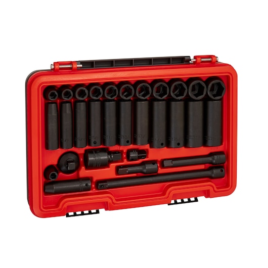 PROTO J74130IM socket set with black sockets and accessories in a red case, front angle.