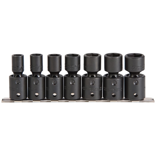 PROTO J74142 black impact socket set with six pieces on metal rail, front angle, for automotive or industrial use.