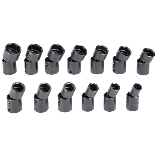 PROTO J74143 black steel universal socket set, photographed from above on white background.