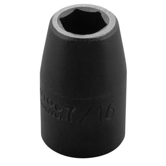 PROTO J7414H black impact socket, 7/16 inch size, shown upright on white background, hexagonal opening visible.