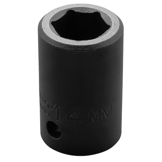 PROTO J7414M 14mm black impact socket photo, front angle, tool category, white background.