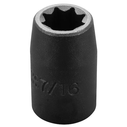 PROTO J7414S black six-point socket, 7/16 inch, vertical view on white background.