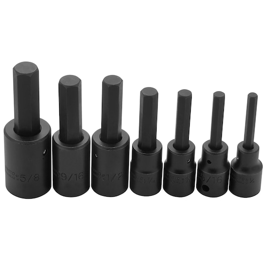 PROTO J74152 hex bit socket set, 7-piece black steel, front angle on white background.