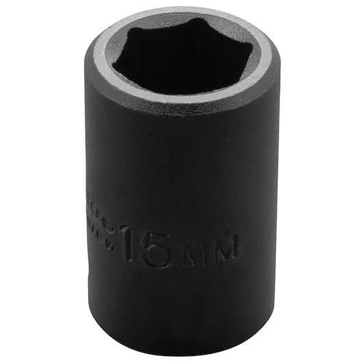 Photo of PROTO J7415M black 15 mm impact socket, cylindrical, shown on white background, socket opening visible.