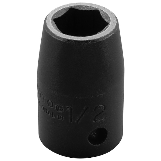 PROTO J7416H black impact socket, 6-point, half-inch size, photographed on white background, tool vertical.