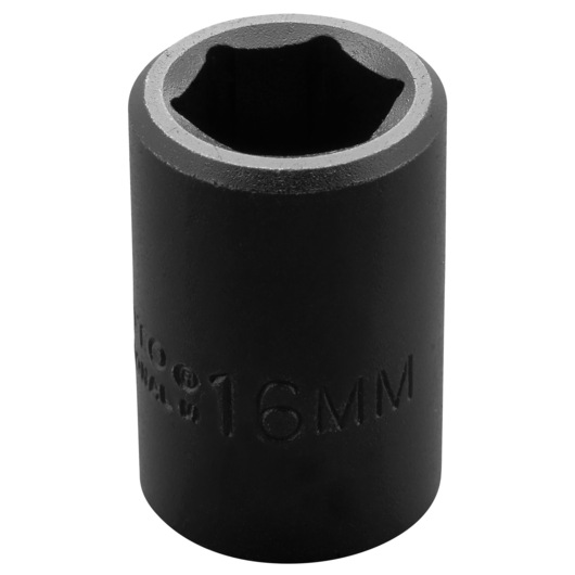 PROTO J7416M black 16mm impact socket, frontal angle on white background.