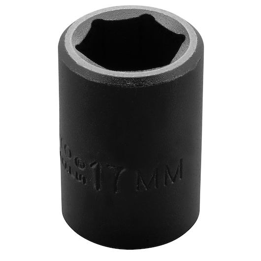 PROTO J7417M black 17mm impact socket, cylindrical, top angle, white background.