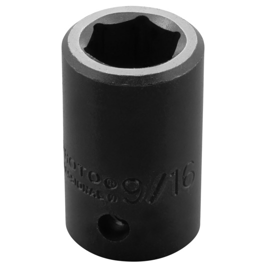 PROTO J7418H black 9/16 inch impact socket, cylindrical shape, side angle, on white background.