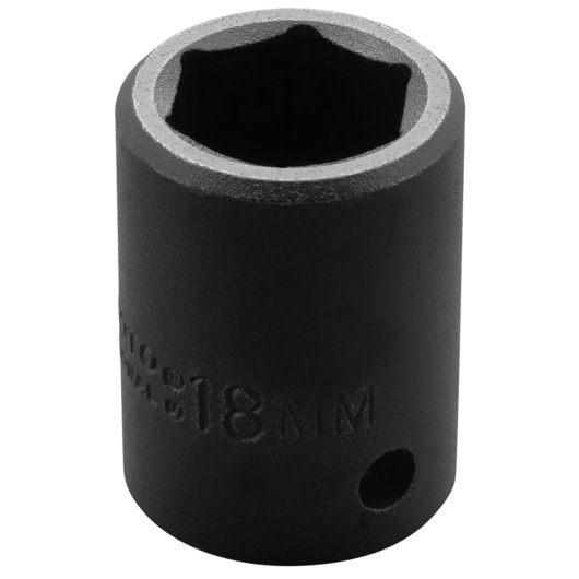 Photo of PROTO J7418M black 18mm impact socket, front angle on white background.