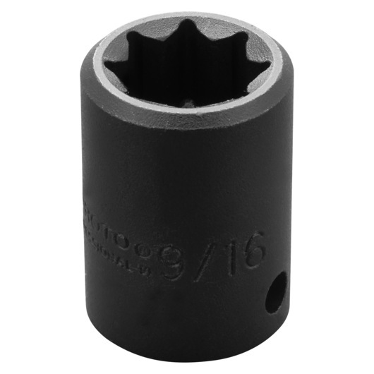 PROTO J7418S black 12-point 9/16 inch impact socket, cylindrical, top angle on white background.