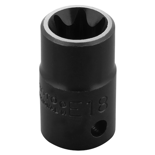 PROTO J7418TX black impact socket with E18 marking, front angle on white background.