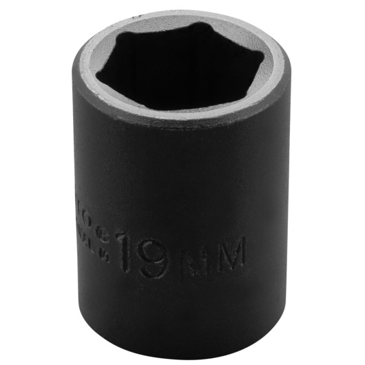 Photo of PROTO J7419M 19mm black impact socket, cylindrical, top angle, white background.