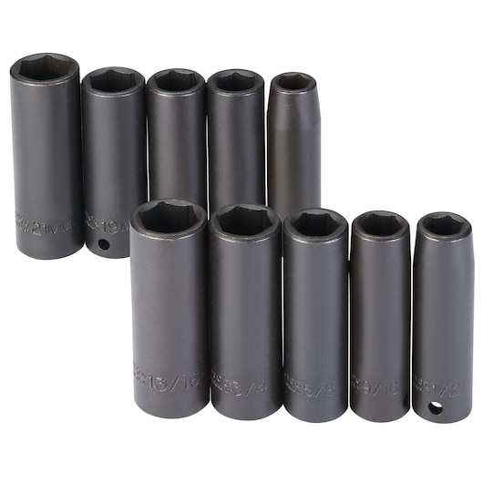 PROTO J74201 set of ten black deep impact sockets, hexagonal openings, side angle, white background.