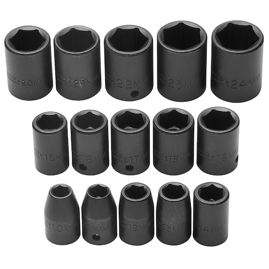 PROTO J74204 6-point impact socket set, 12 metric sockets in black finish, top angle, white background.