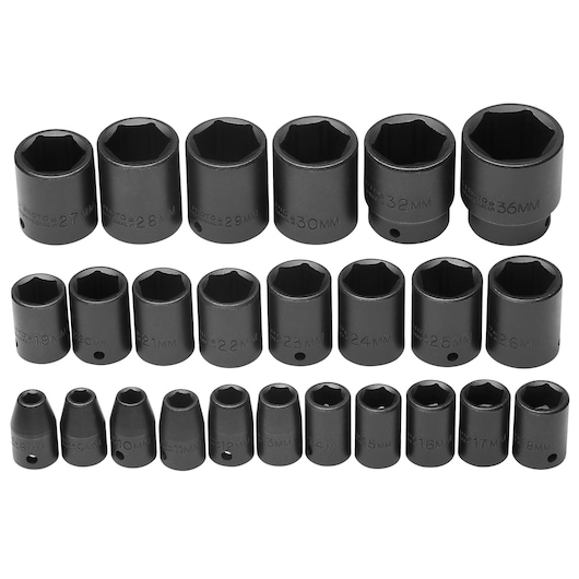 PROTO J74206 socket set with multiple sizes, black finish, front angle on white background.
