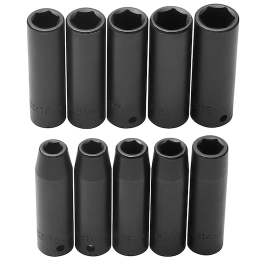 PROTO J74212 metric deep impact socket set, black, photography of 10 sockets on white background, front view.