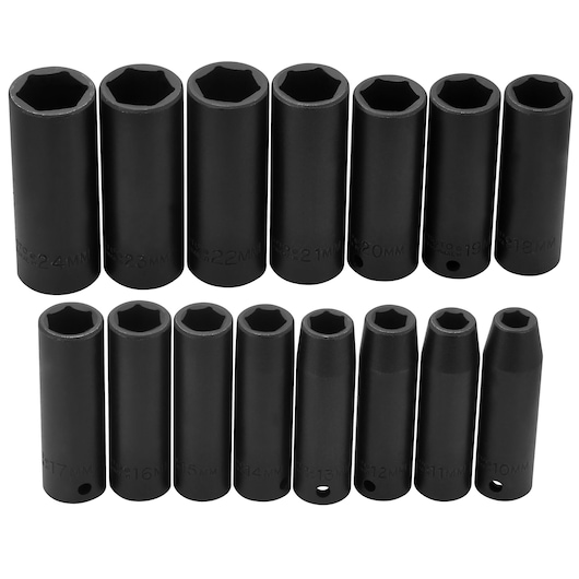 PROTO J74214 deep impact socket set, 14-piece, black finish, sockets in two rows, front angle on white background.