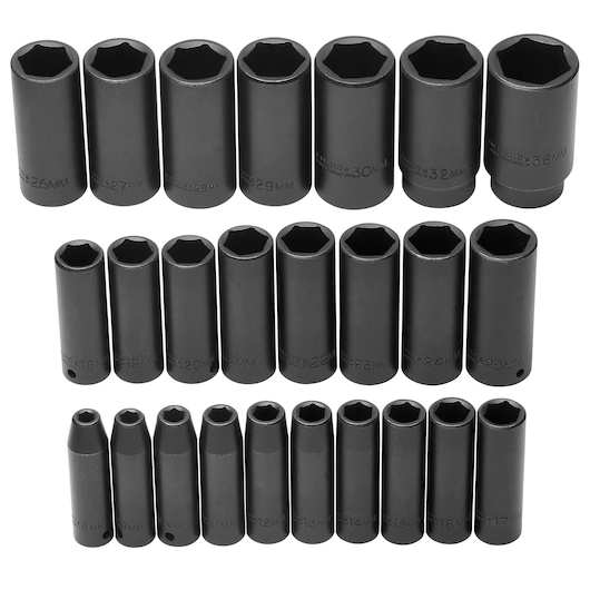 PROTO J74216 socket set with black finish, 26 metric sockets arranged in rows, front angle photo.