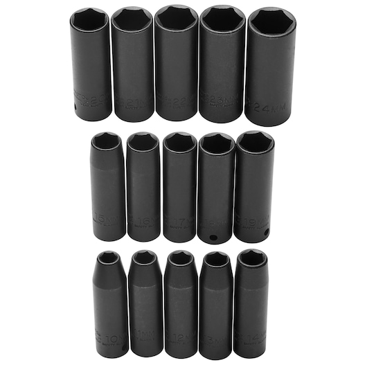 PROTO J74217 metric deep impact socket set, black finish, photography, front angle, white background.