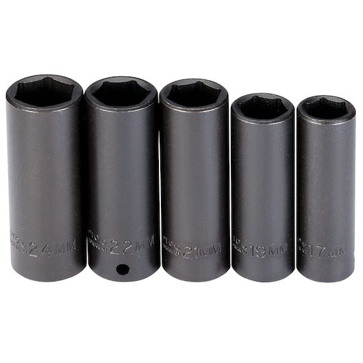 PROTO J74218 set of five black impact sockets, various metric sizes, upright, front view, white background.