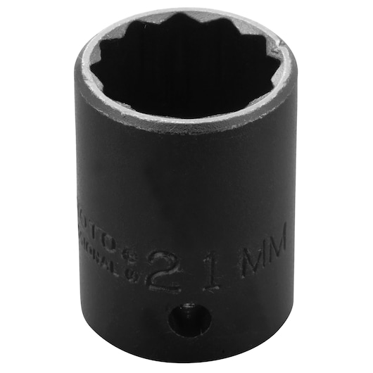 PROTO J7421MT 21mm black twelve-point impact socket, upright front angle on white background.