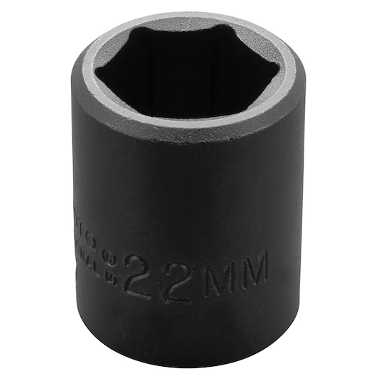Photo of PROTO J7422M black 22mm impact socket, cylindrical shape, top angle, with size marking.