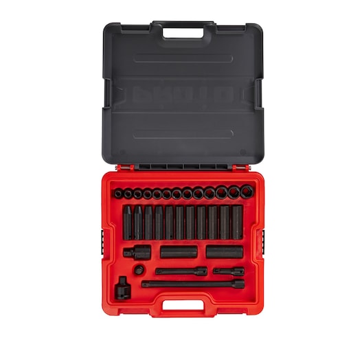 PROTO J74232IM socket and impact tool set in red and black hard case, top-down view on white background.