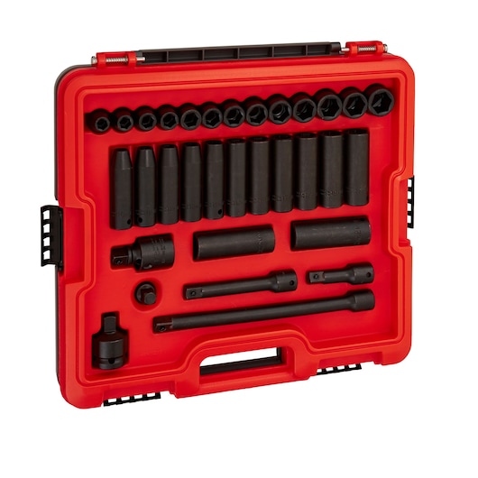 PROTO J74232IM socket and accessory set in red hard case, product photography, angled view on white background.