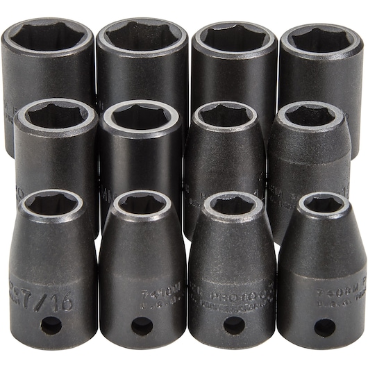 PROTO J74242 set of eleven black impact sockets, hexagonal shape, front angle on white background.