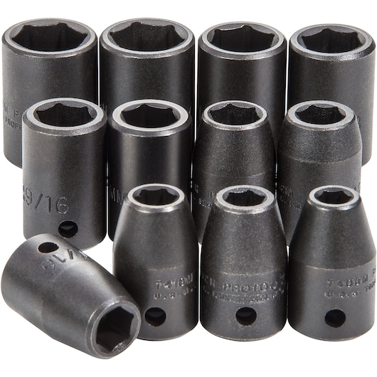 PROTO J74242 black chrome socket set, twelve pieces, hexagonal openings, front angle, on white background.